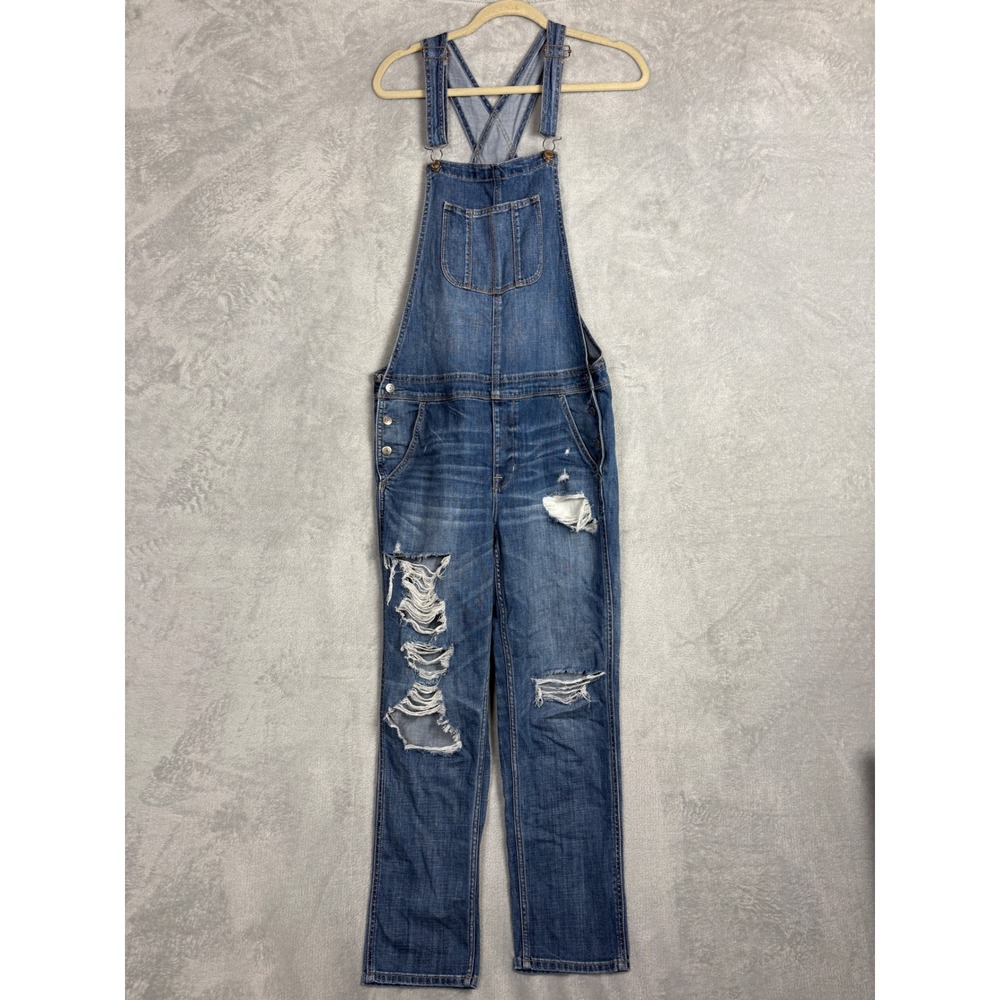 American Eagle Distressed L Denim Overalls Large Blue Ripped Straight Leg